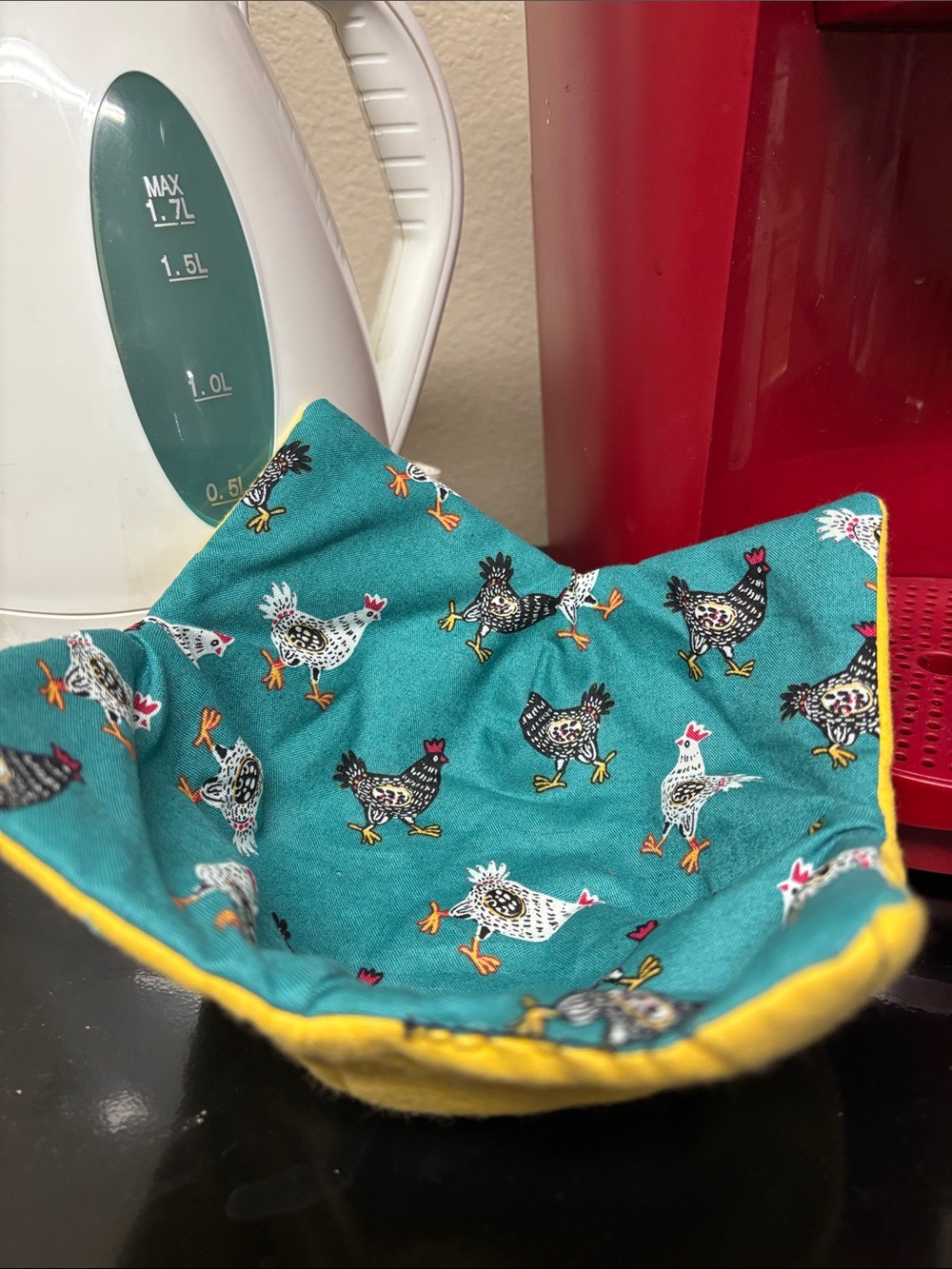 Hand Crafted Set of 2 Teal Chicken Print Cozy Bowl with Yellow Trim